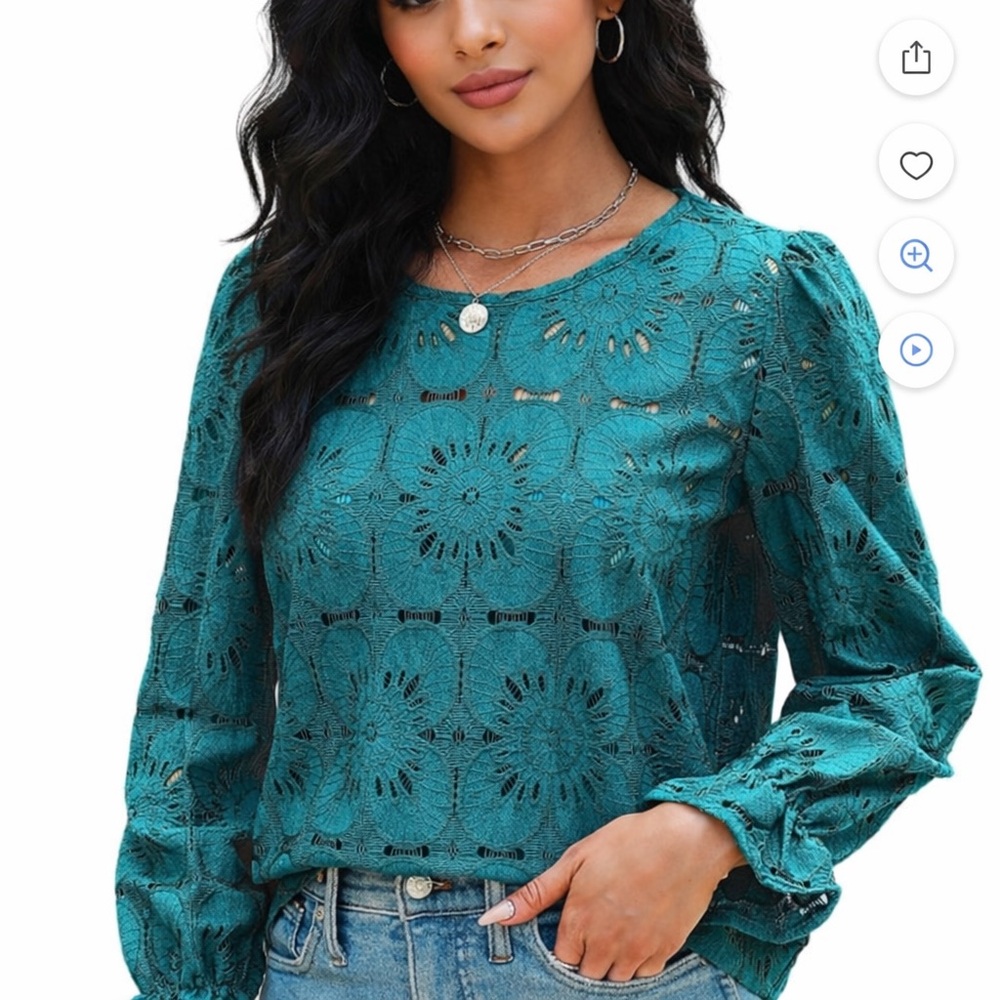 Cupshe Teal Lace Long-Sleeve Crochet Blouse